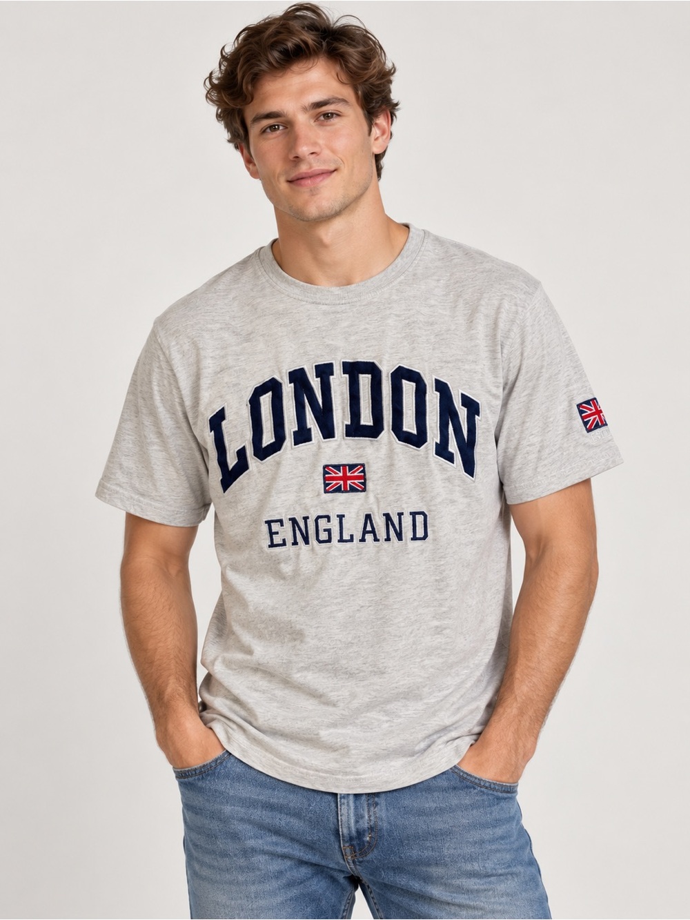 MB London England Embroidered Union Jack Gray T-Shirt Men’s XL